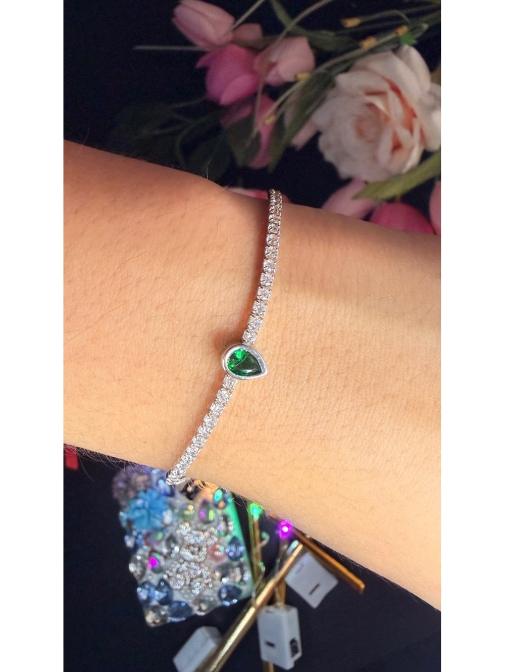 Elegant Silver Tennis Bracelet with Green Teardrop Gemstone